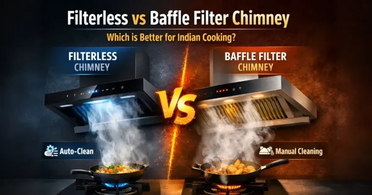Filterless vs Baffle Filter Kitchen Chimney – Which is Better in India? (2026 Guide) 1 Filterless vs Baffle Filter Kitchen Chimney